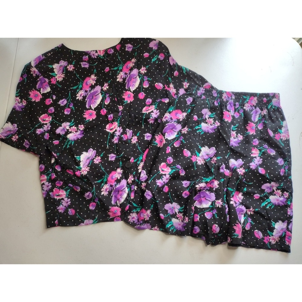 Vintage FR Sport Fritzi Floral‎ Polka Dot 2 Piece Set Top Shorts Black Purple M